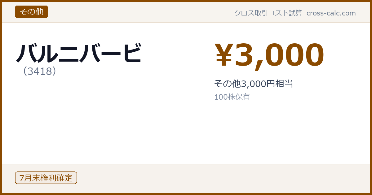 type=その他|co=バルニバービ|code=3418|val=3000|desc=その他3,000円相当|shares=100|months=7月末|color=#8a4a00