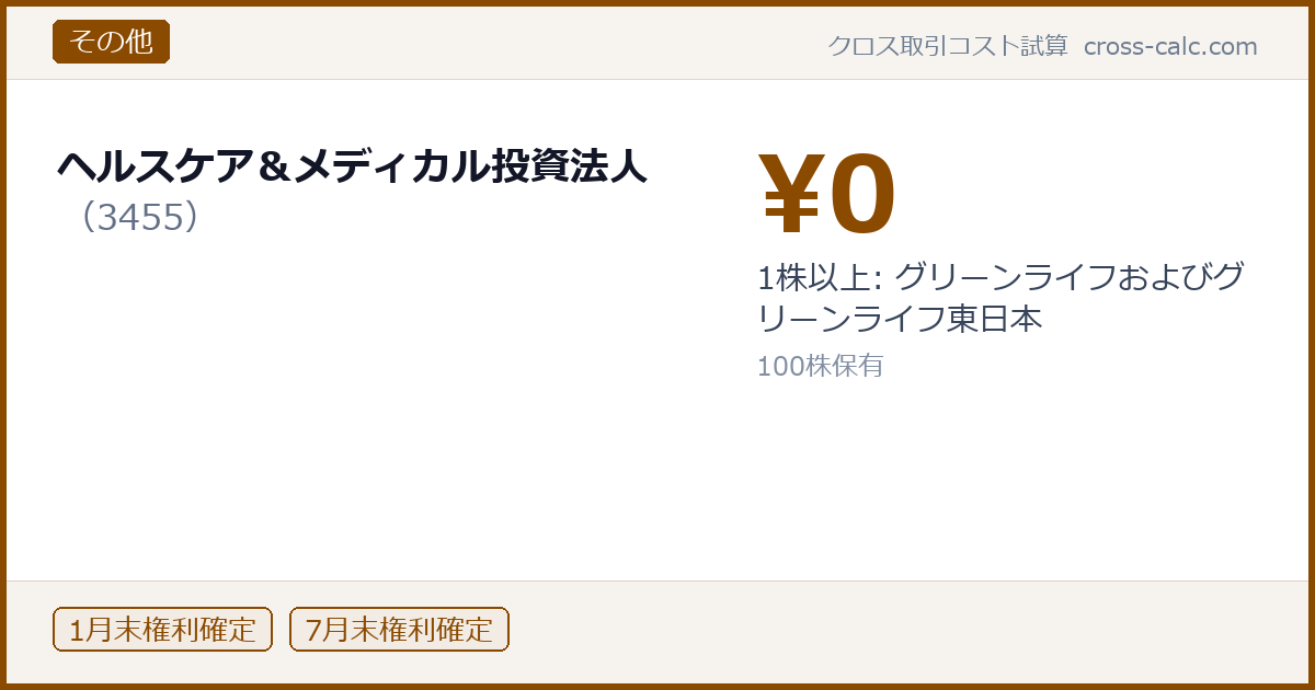 type=その他|co=ヘルスケア&メディカル投資法人|code=3455|val=0|desc=1株以上: グリーンライフおよびグリーンライフ東日本|shares=100|months=1月末,7月末|color=#8a4a00