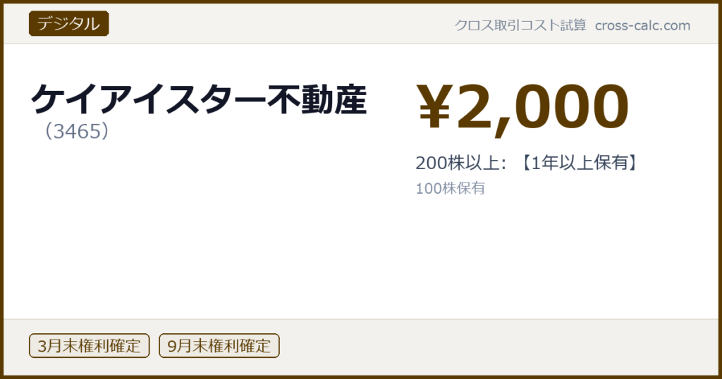 type=デジタル|co=ケイアイスター不動産|code=3465|val=2000|desc=200株以上: 【1年以上保有】|shares=100|months=3月末,9月末|color=#5a3a00