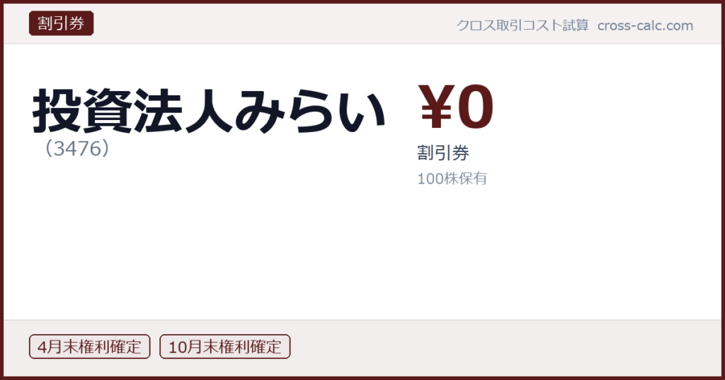 type=割引券|co=投資法人みらい|code=3476|val=0|desc=割引券|shares=100|months=4月末,10月末|color=#5a1a1a