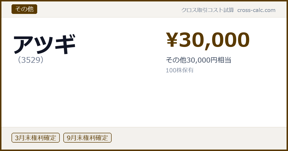type=その他|co=アツギ|code=3529|val=30000|desc=その他30,000円相当|shares=100|months=3月末,9月末|color=#5a3a00