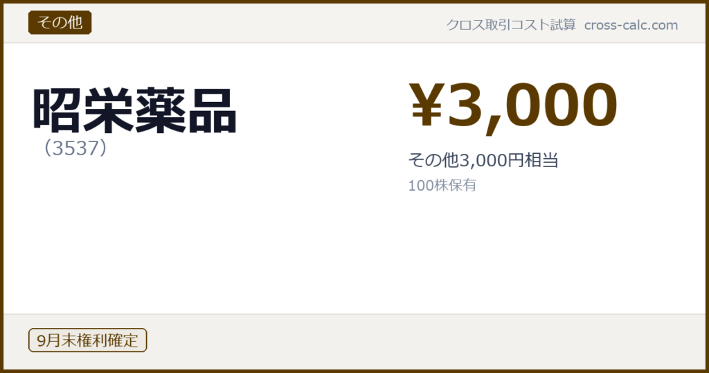 type=その他|co=昭栄薬品|code=3537|val=3000|desc=その他3,000円相当|shares=100|months=9月末|color=#5a3a00