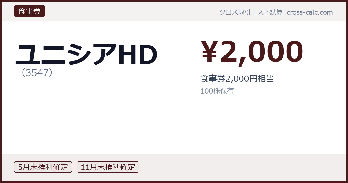 type=食事券|co=ユニシアHD|code=3547|val=2000|desc=食事券2,000円相当|shares=100|months=5月末,11月末|color=#4a1a1a