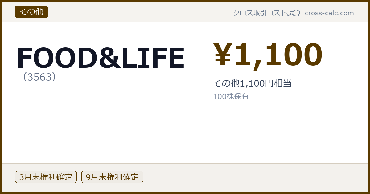 type=その他|co=FOOD&LIFE|code=3563|val=1100|desc=その他1,100円相当|shares=100|months=3月末,9月末|color=#5a3a00