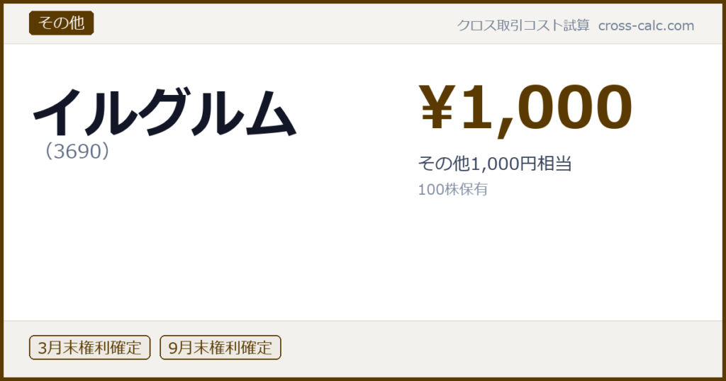 type=その他|co=イルグルム|code=3690|val=1000|desc=その他1,000円相当|shares=100|months=3月末,9月末|color=#5a3a00