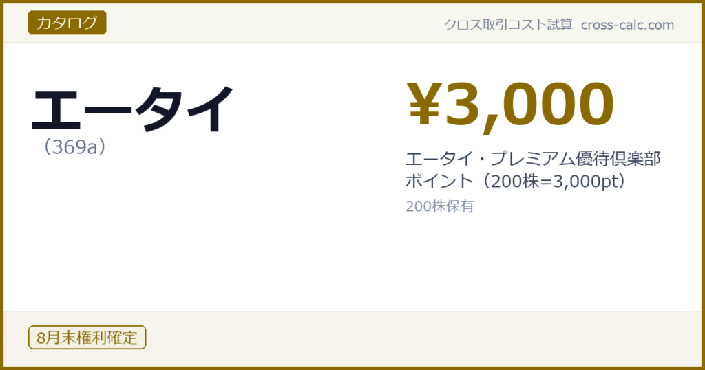 type=カタログ|co=エータイ|code=369a|val=3000|desc=エータイ・プレミアム優待倶楽部ポイント（200株=3,000pt）|shares=200|months=8月末|color=#8a6a00