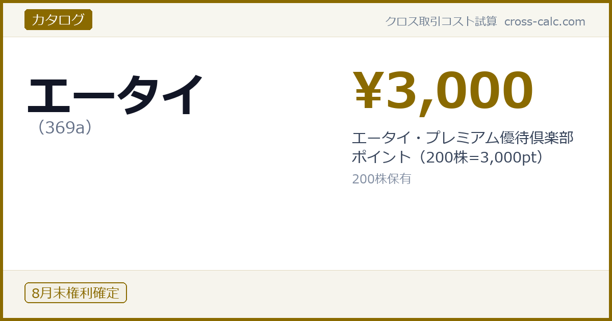 type=カタログ|co=エータイ|code=369a|val=3000|desc=エータイ・プレミアム優待倶楽部ポイント(200株=3,000pt)|shares=200|months=8月末|color=#8a6a00