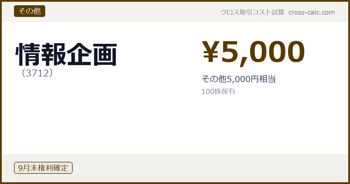 type=その他|co=情報企画|code=3712|val=5000|desc=その他5,000円相当|shares=100|months=9月末|color=#5a3a00