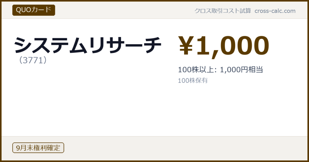 type=QUOカード|co=システムリサーチ|code=3771|val=1000|desc=100株以上: 1,000円相当|shares=100|months=9月末|color=#5a3a00