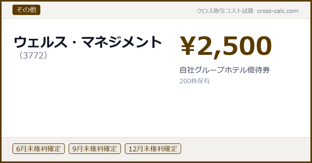 type=その他|co=ウェルス・マネジメント|code=3772|val=2500|desc=自社グループホテル優待券|shares=200|months=6月末,9月末,12月末|color=#5a3a00