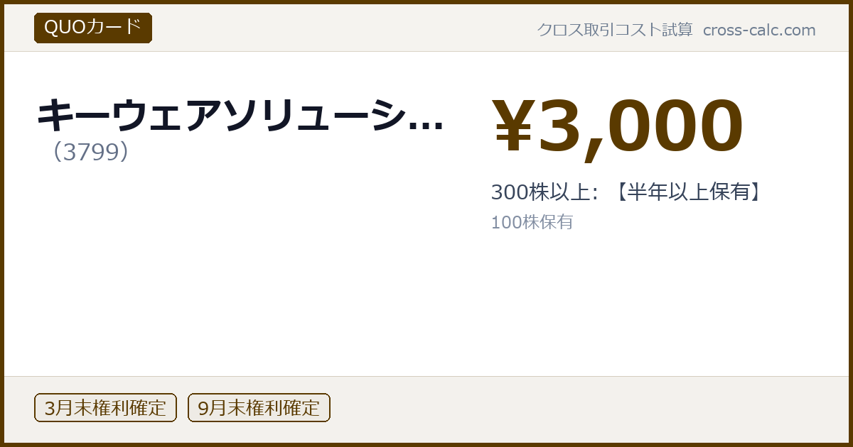 type=QUOカード|co=キーウェアソリューシ...|code=3799|val=3000|desc=300株以上: 【半年以上保有】|shares=100|months=3月末,9月末|color=#5a3a00