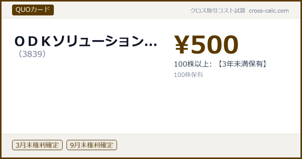 type=QUOカード|co=ＯＤＫソリューション...|code=3839|val=500|desc=100株以上: 【3年未満保有】|shares=100|months=3月末,9月末|color=#5a3a00