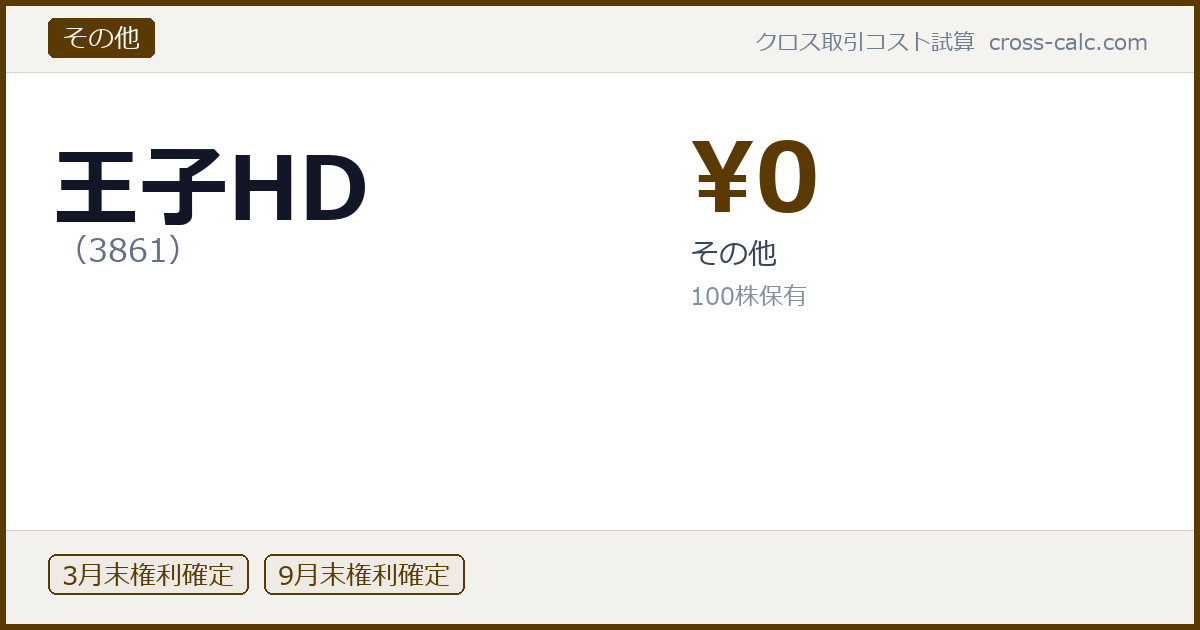 type=その他|co=王子HD|code=3861|val=0|desc=その他|shares=100|months=3月末,9月末|color=#5a3a00