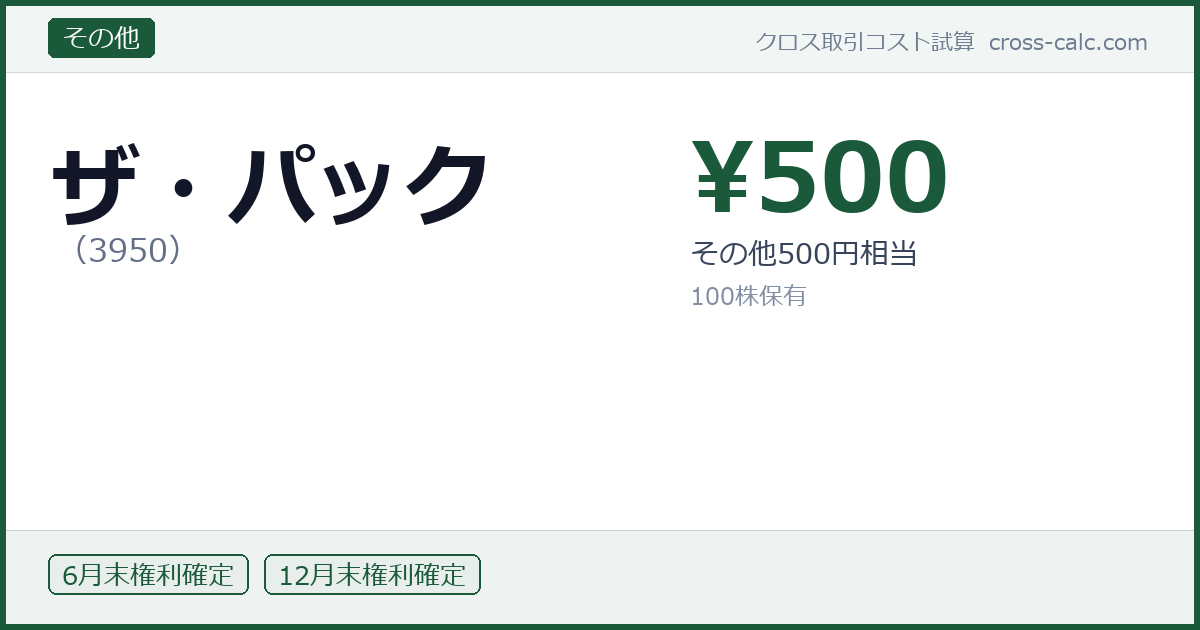 type=その他|co=ザ・パック|code=3950|val=500|desc=その他500円相当|shares=100|months=6月末,12月末|color=#1a5a3a