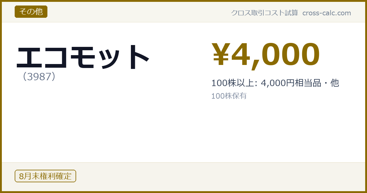 type=その他|co=エコモット|code=3987|val=4000|desc=100株以上: 4,000円相当品・他|shares=100|months=8月末|color=#8a6a00