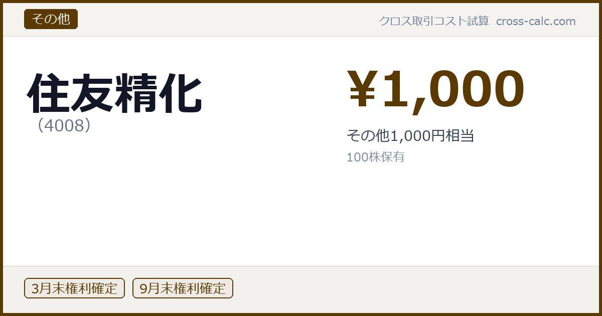 type=その他|co=住友精化|code=4008|val=1000|desc=その他1,000円相当|shares=100|months=3月末,9月末|color=#5a3a00