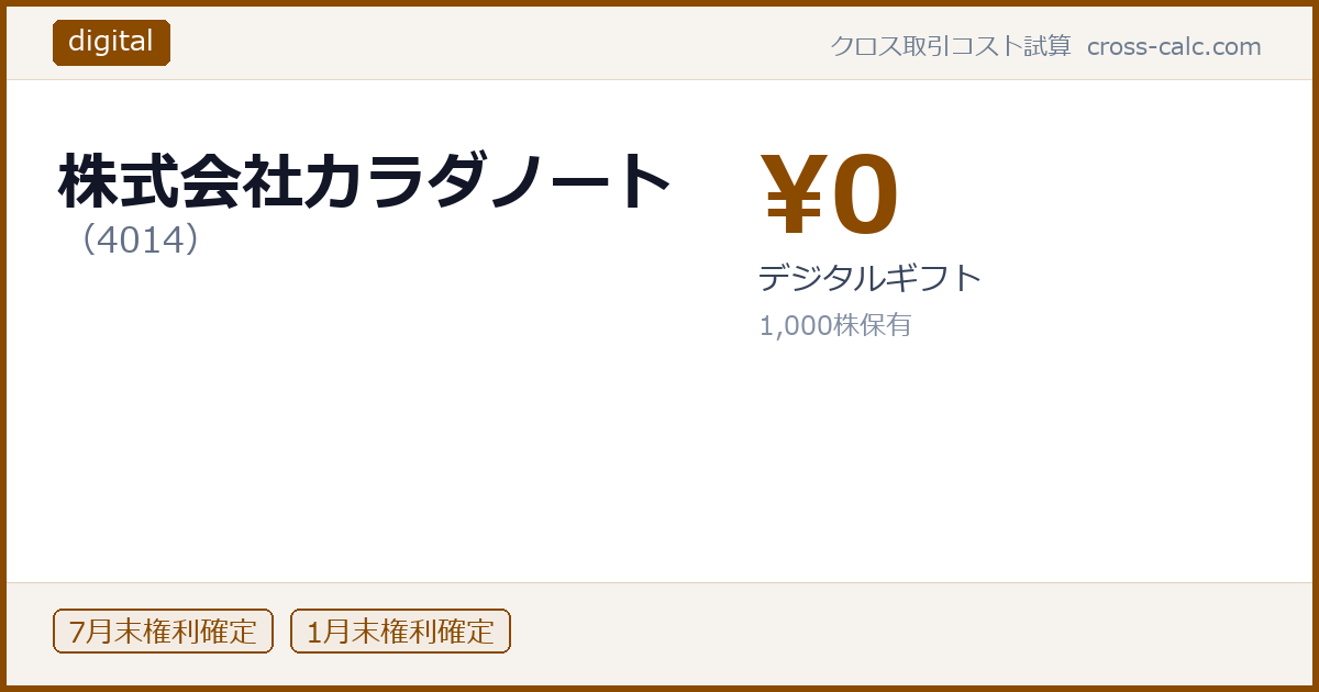 type=digital|co=株式会社カラダノート|code=4014|val=0|desc=デジタルギフト|shares=1000|months=7月末,1月末|color=#8a4a00