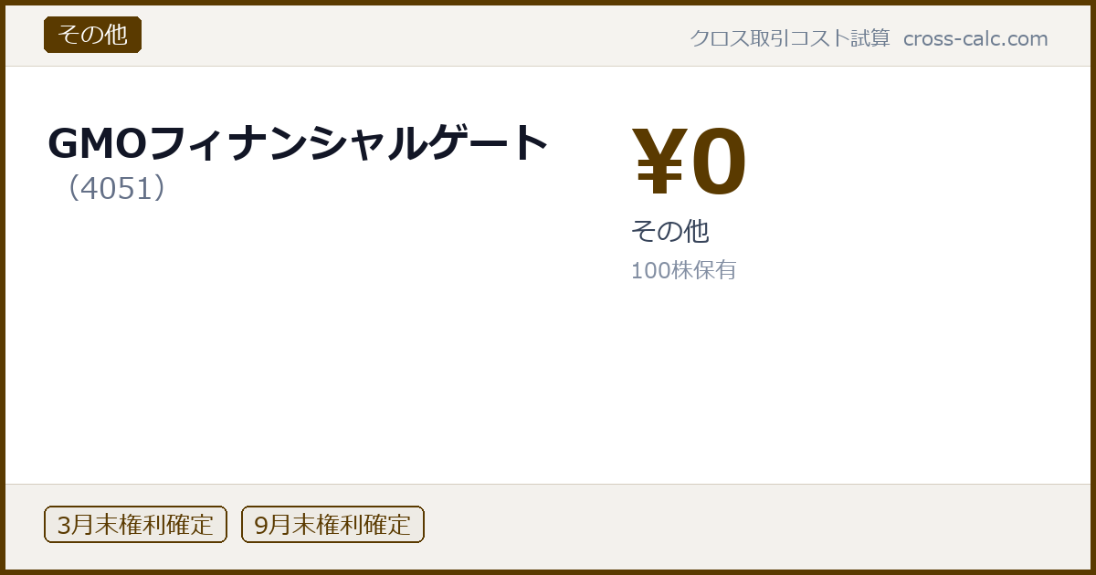 type=その他|co=GMOフィナンシャルゲート|code=4051|val=0|desc=その他|shares=100|months=3月末,9月末|color=#5a3a00