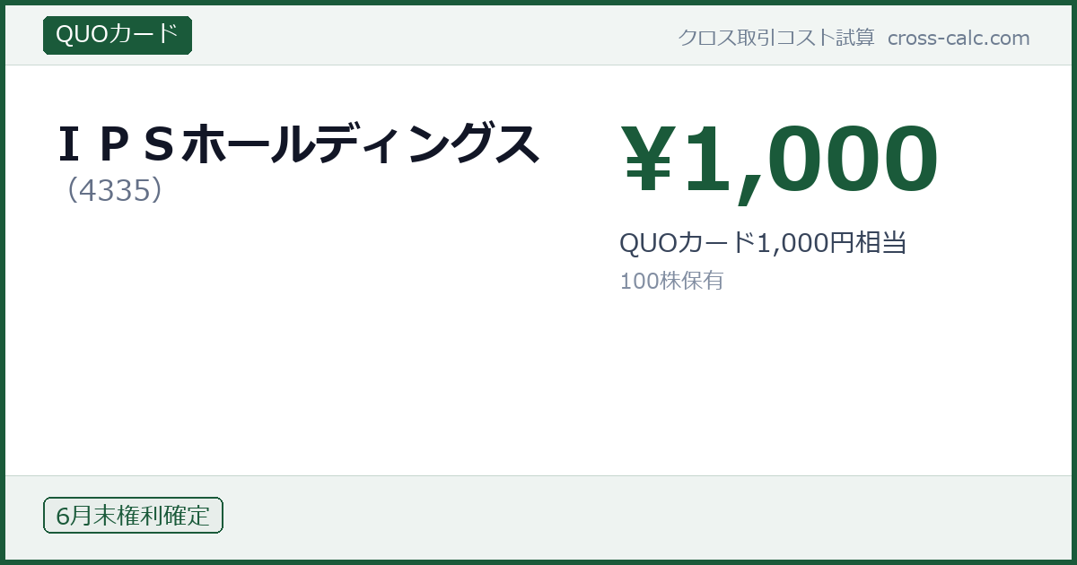type=QUOカード|co=ＩＰＳホールディングス|code=4335|val=1000|desc=QUOカード1,000円相当|shares=100|months=6月末|color=#1a5a3a
