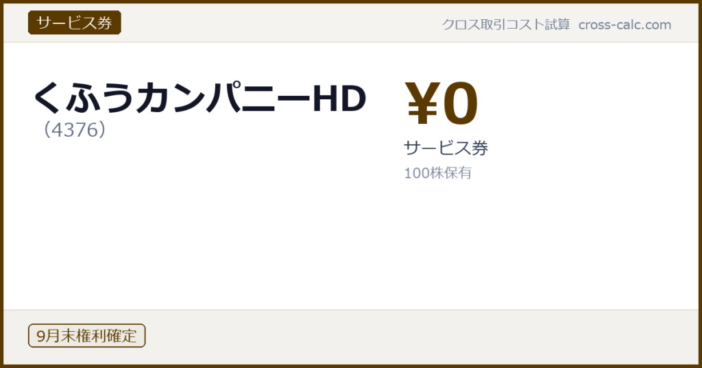 type=サービス券|co=くふうカンパニーHD|code=4376|val=0|desc=サービス券|shares=100|months=9月末|color=#5a3a00