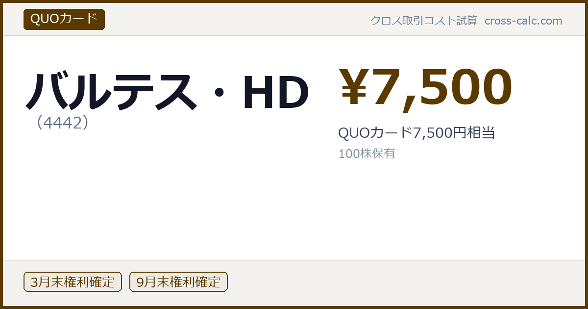 type=QUOカード|co=バルテス・HD|code=4442|val=7500|desc=QUOカード7,500円相当|shares=100|months=3月末,9月末|color=#5a3a00