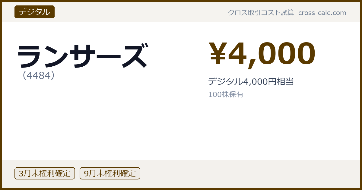 type=デジタル|co=ランサーズ|code=4484|val=4000|desc=デジタル4,000円相当|shares=100|months=3月末,9月末|color=#5a3a00