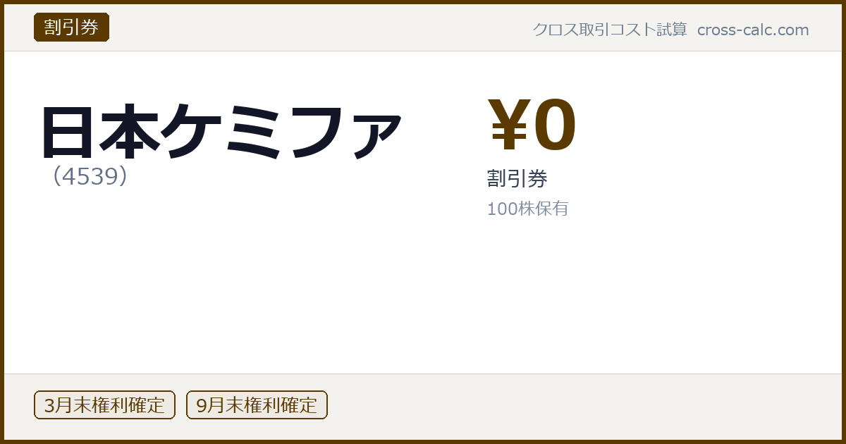 type=割引券|co=日本ケミファ|code=4539|val=0|desc=割引券|shares=100|months=3月末,9月末|color=#5a3a00