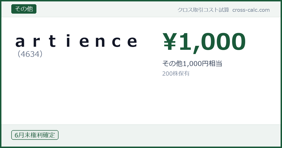 type=その他|co=artience|code=4634|val=1000|desc=その他1,000円相当|shares=200|months=6月末|color=#1a5a3a