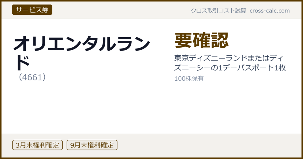 type=サービス券|co=オリエンタルランド|code=4661|val=要確認|desc=東京ディズニーランドまたはディズニーシーの1デーパスポート1枚|shares=100|months=3月末,9月末|color=#5a3a00