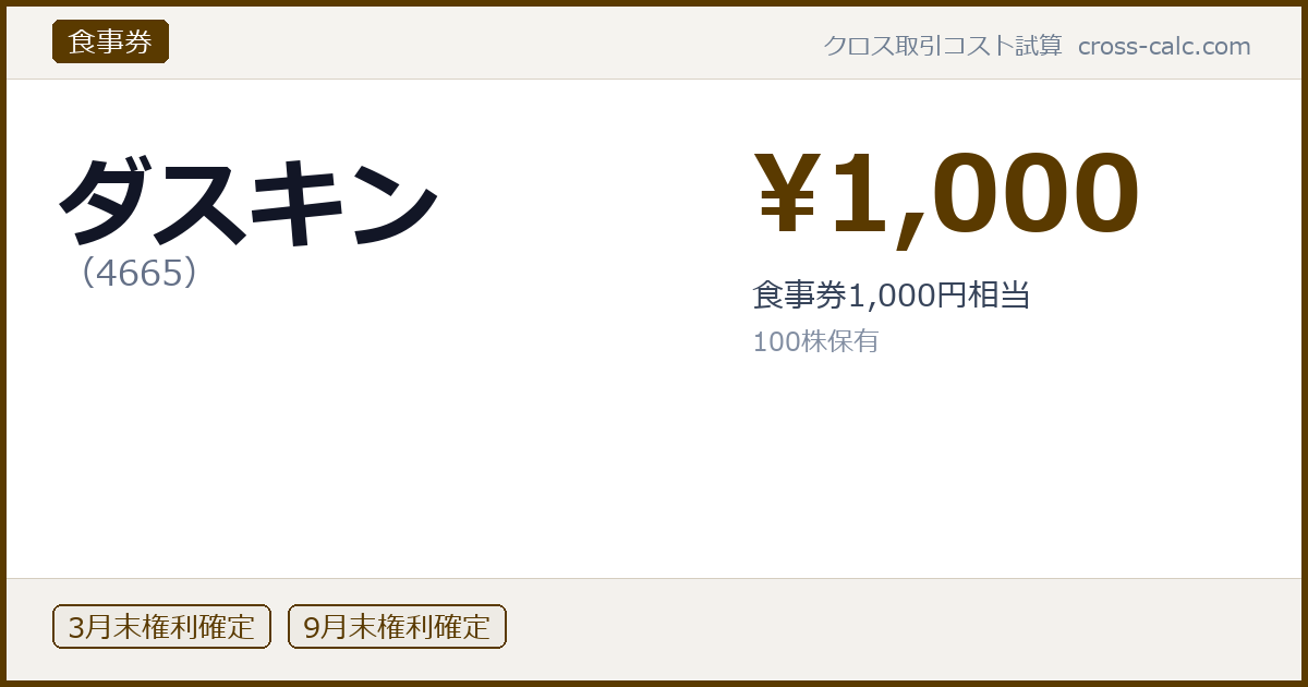 type=食事券|co=ダスキン|code=4665|val=1000|desc=食事券1,000円相当|shares=100|months=3月末,9月末|color=#5a3a00