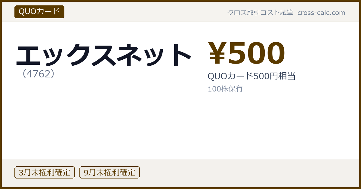 type=QUOカード|co=エックスネット|code=4762|val=500|desc=QUOカード500円相当|shares=100|months=3月末,9月末|color=#5a3a00