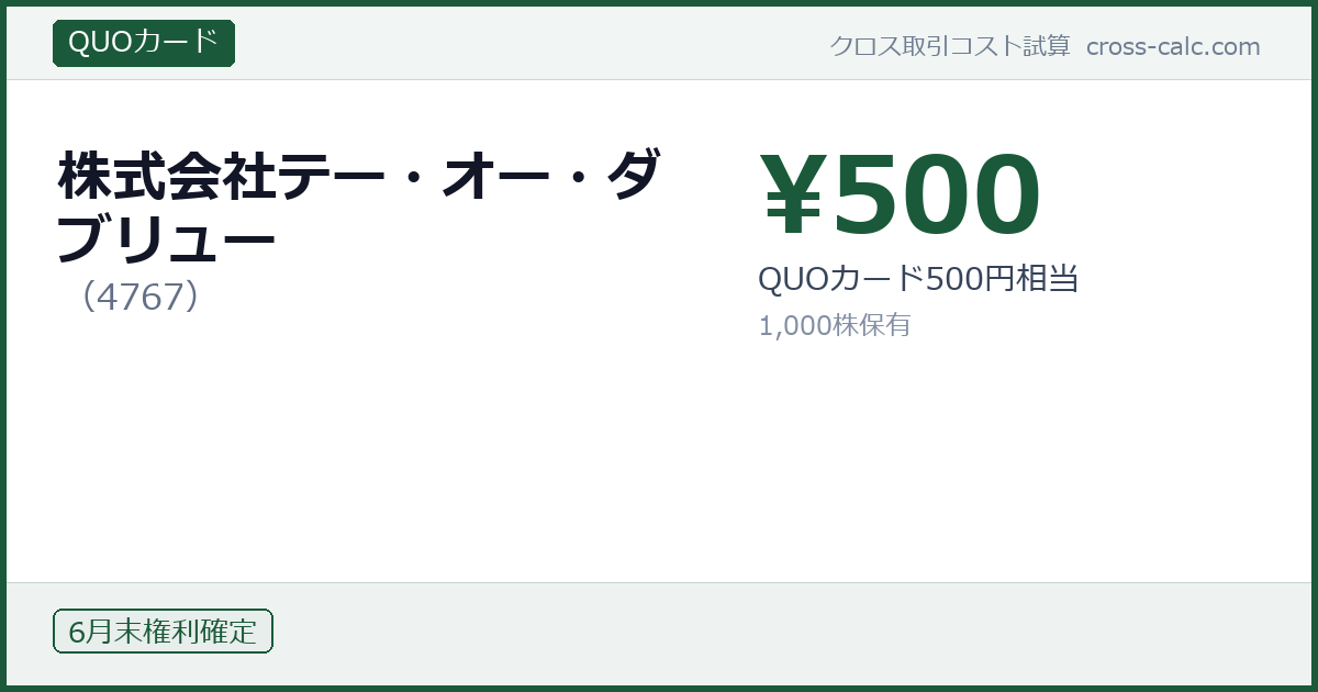 type=QUOカード|co=株式会社テー・オー・ダブリュー|code=4767|val=500|desc=QUOカード500円相当|shares=1000|months=6月末|color=#1a5a3a