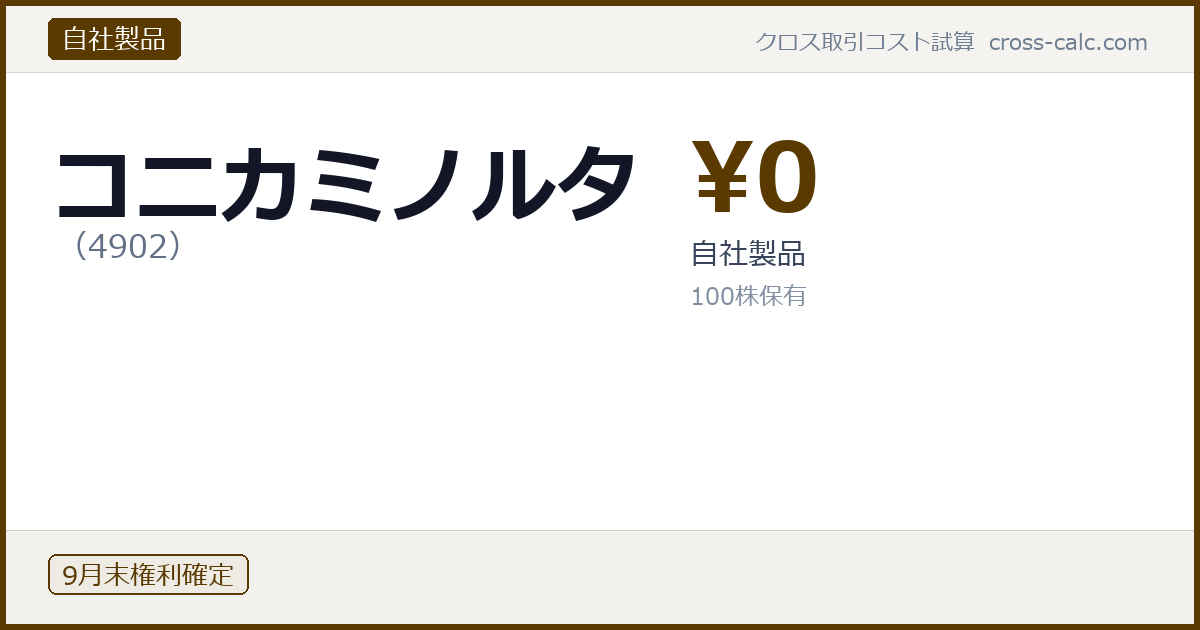 type=自社製品|co=コニカミノルタ|code=4902|val=0|desc=自社製品|shares=100|months=9月末|color=#5a3a00