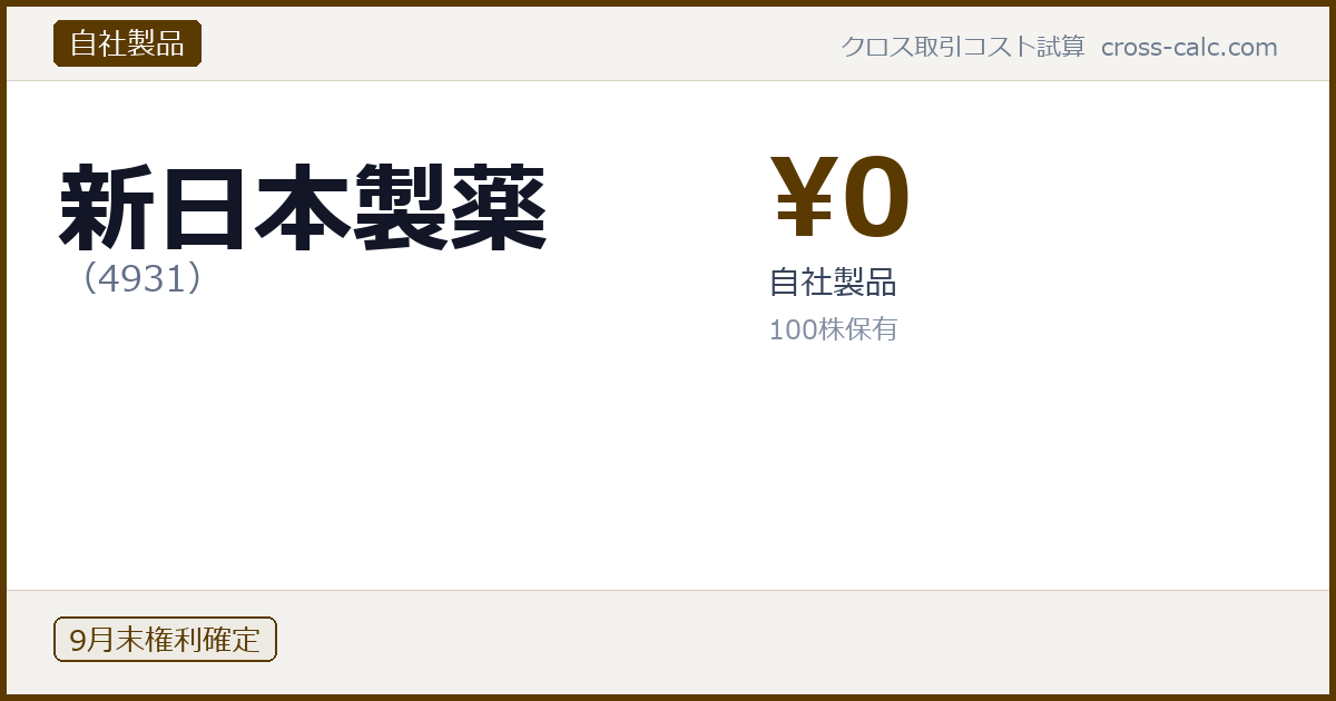 type=自社製品|co=新日本製薬|code=4931|val=0|desc=自社製品|shares=100|months=9月末|color=#5a3a00