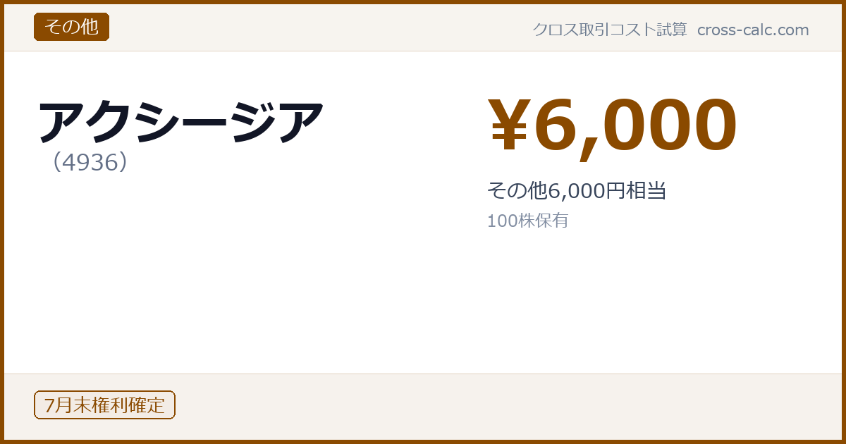 type=その他|co=アクシージア|code=4936|val=6000|desc=その他6,000円相当|shares=100|months=7月末|color=#8a4a00