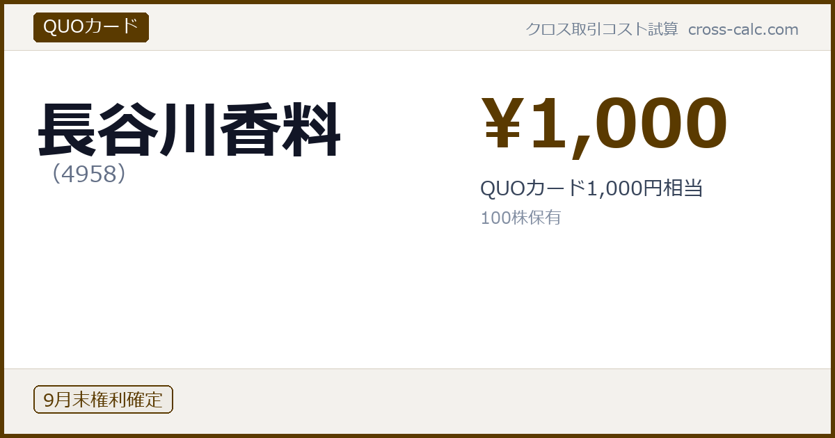 type=QUOカード|co=長谷川香料|code=4958|val=1000|desc=QUOカード1,000円相当|shares=100|months=9月末|color=#5a3a00