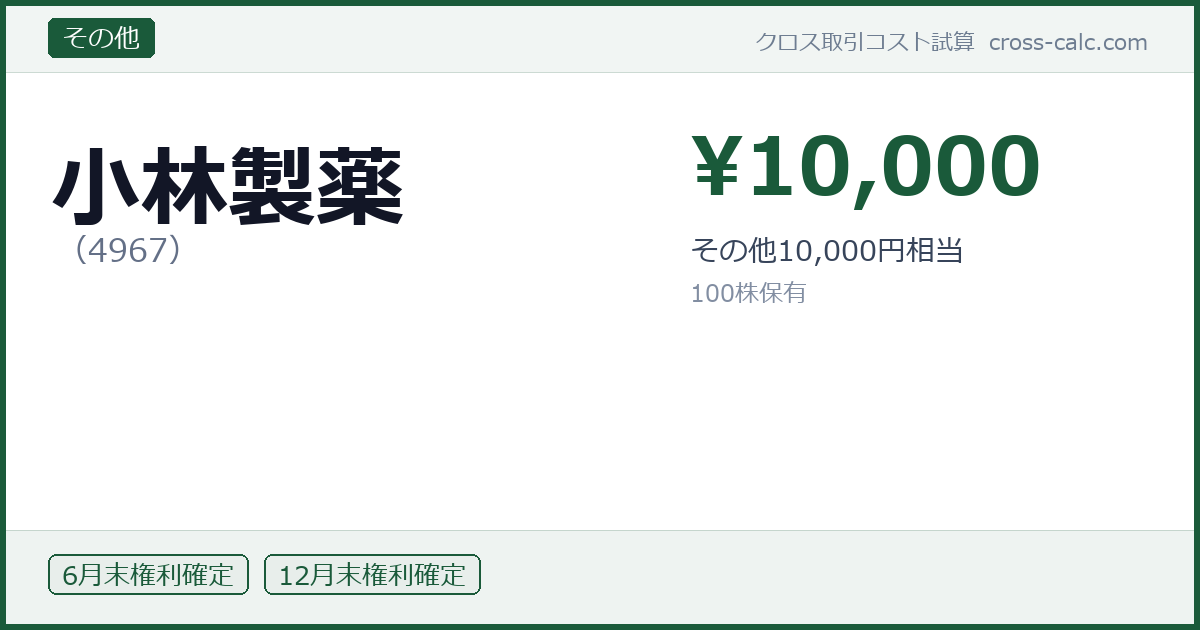 type=その他|co=小林製薬|code=4967|val=10000|desc=その他10,000円相当|shares=100|months=6月末,12月末|color=#1a5a3a