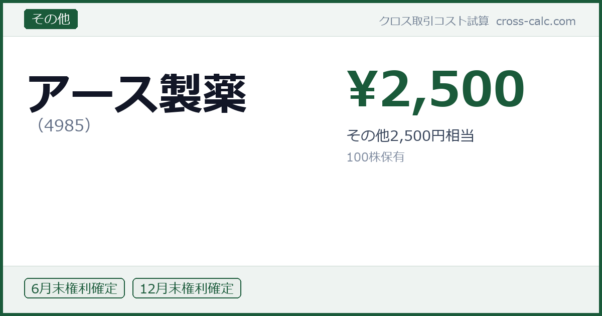 type=その他|co=アース製薬|code=4985|val=2500|desc=その他2,500円相当|shares=100|months=6月末,12月末|color=#1a5a3a