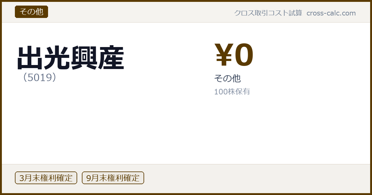 type=その他|co=出光興産|code=5019|val=0|desc=その他|shares=100|months=3月末,9月末|color=#5a3a00