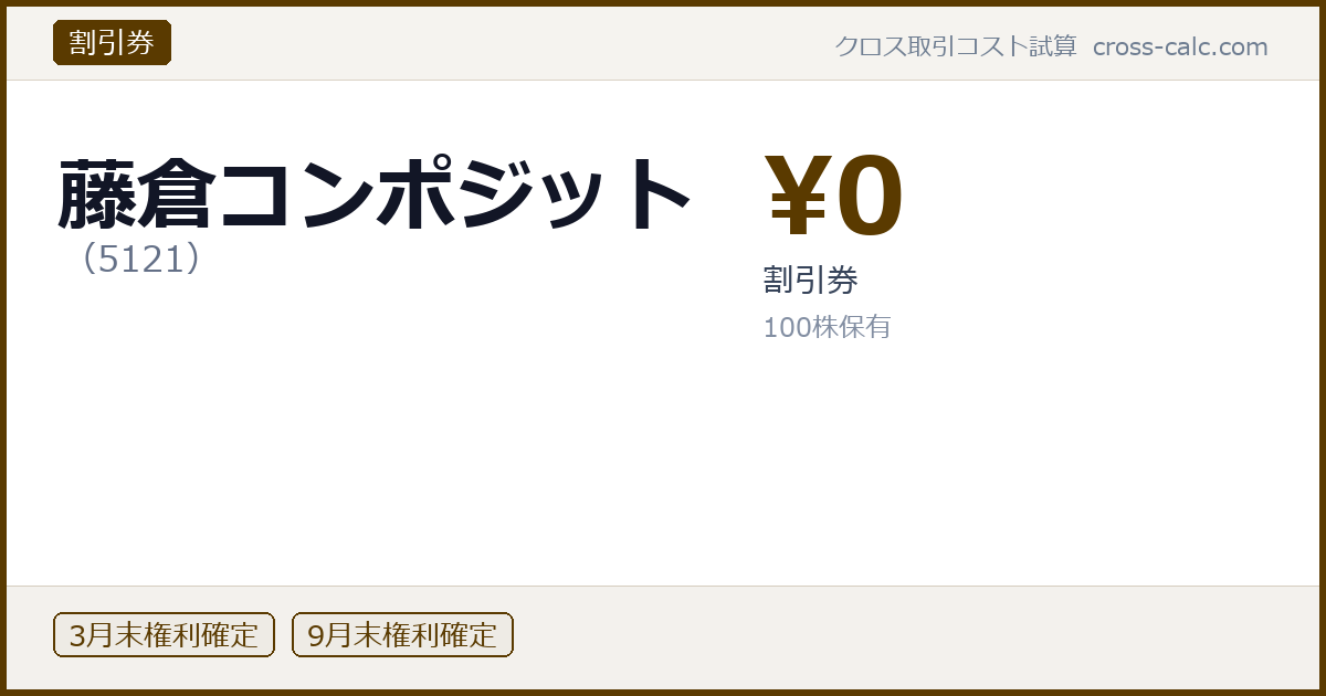 type=割引券|co=藤倉コンポジット|code=5121|val=0|desc=割引券|shares=100|months=3月末,9月末|color=#5a3a00