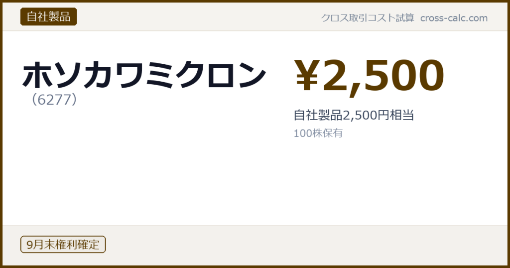 type=自社製品|co=ホソカワミクロン|code=6277|val=2500|desc=自社製品2,500円相当|shares=100|months=9月末|color=#5a3a00