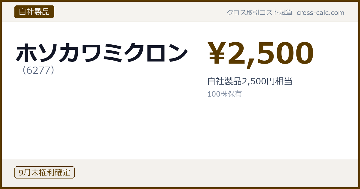 type=自社製品|co=ホソカワミクロン|code=6277|val=2500|desc=自社製品2,500円相当|shares=100|months=9月末|color=#5a3a00