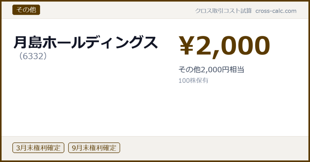type=その他|co=月島ホールディングス|code=6332|val=2000|desc=その他2,000円相当|shares=100|months=3月末,9月末|color=#5a3a00
