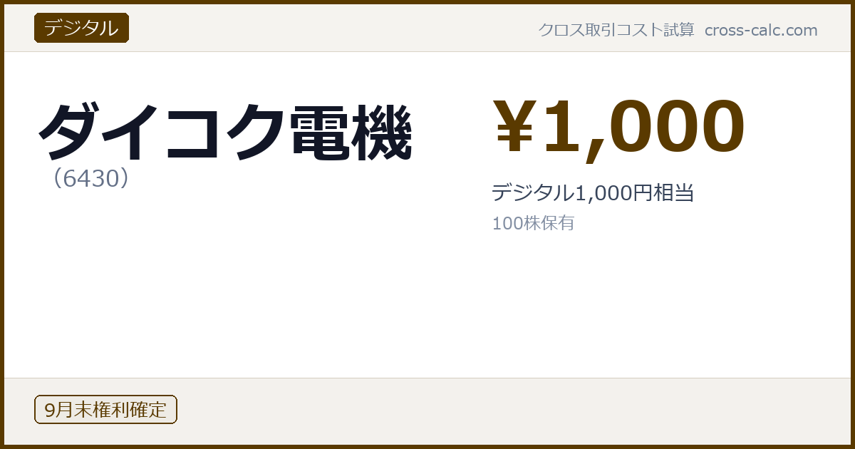 type=デジタル|co=ダイコク電機|code=6430|val=1000|desc=デジタル1,000円相当|shares=100|months=9月末|color=#5a3a00