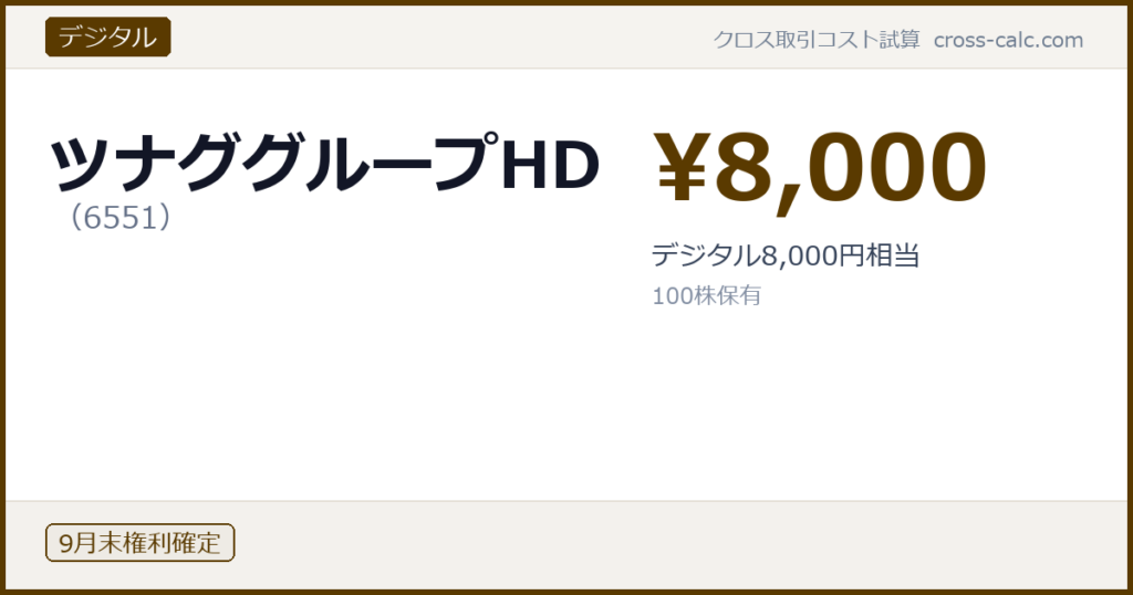 type=デジタル|co=ツナググループHD|code=6551|val=8000|desc=デジタル8,000円相当|shares=100|months=9月末|color=#5a3a00
