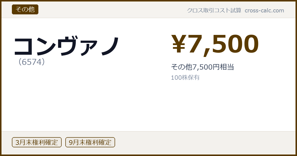 type=その他|co=コンヴァノ|code=6574|val=7500|desc=その他7,500円相当|shares=100|months=3月末,9月末|color=#5a3a00