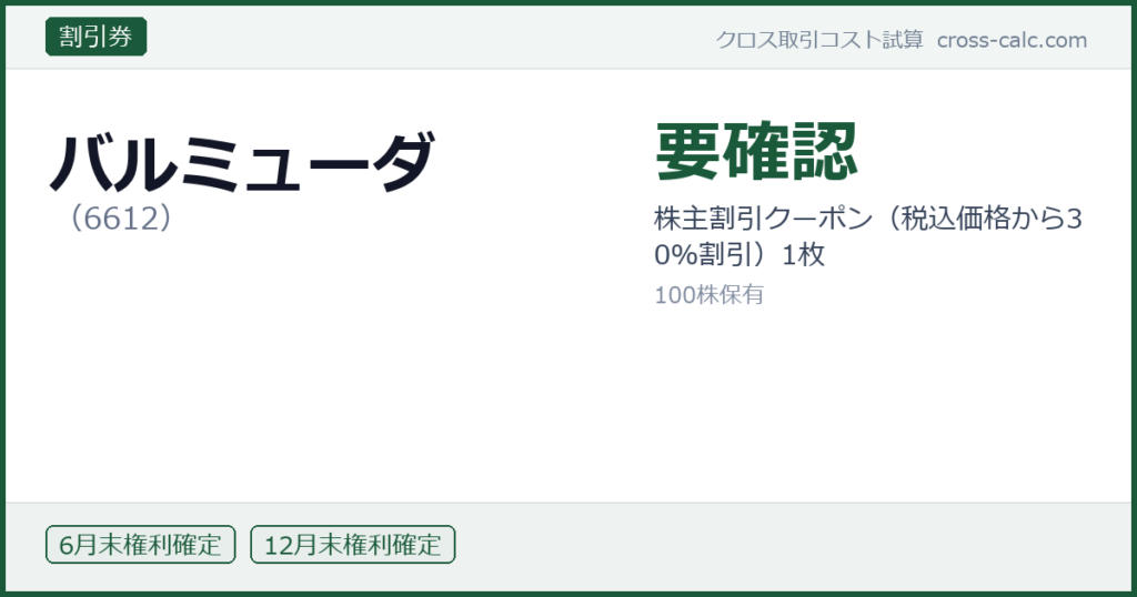 type=割引券|co=バルミューダ|code=6612|val=要確認|desc=株主割引クーポン（税込価格から30％割引）1枚|shares=100|months=6月末,12月末|color=#1a5a3a