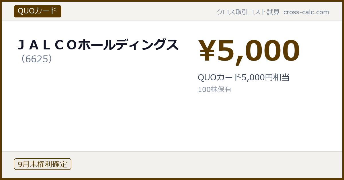 type=QUOカード|co=ＪＡＬＣＯホールディングス|code=6625|val=5000|desc=QUOカード5,000円相当|shares=100|months=9月末|color=#5a3a00