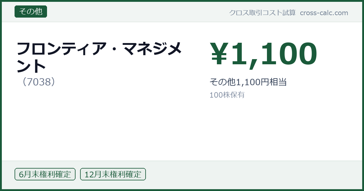 type=その他|co=フロンティア・マネジメント|code=7038|val=1100|desc=その他1,100円相当|shares=100|months=6月末,12月末|color=#1a5a3a