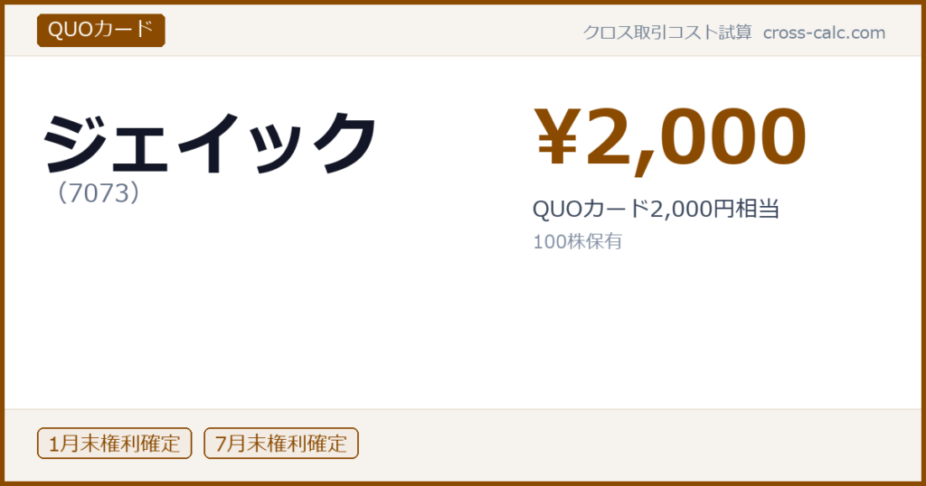 type=QUOカード|co=ジェイック|code=7073|val=2000|desc=QUOカード2,000円相当|shares=100|months=1月末,7月末|color=#8a4a00